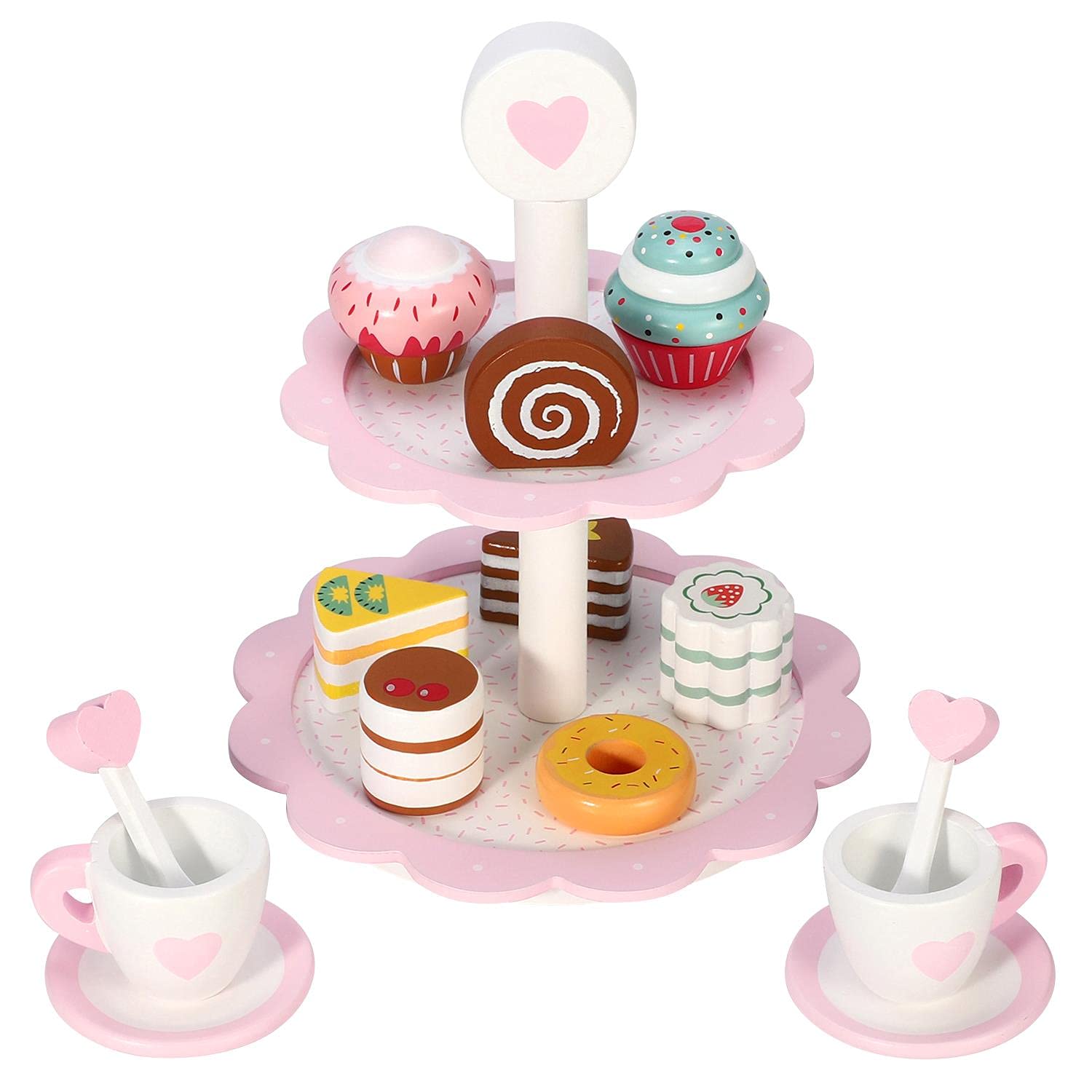 SOKA Wooden Dessert Cake Stand with Muffins Cakes Donuts Dessert Tower Afternoon Tea Party Pretend Play Pink 18PCS Wooden Tea Set Playset Role Play for Girls Kids Children 3 years old +