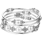 Beaded Pearl Bangle Wrap Bracelet - Fashion Bohemian Jewelry Multilayer Charm Bracelet with Thick Silver Metal Beads, Gift For Women