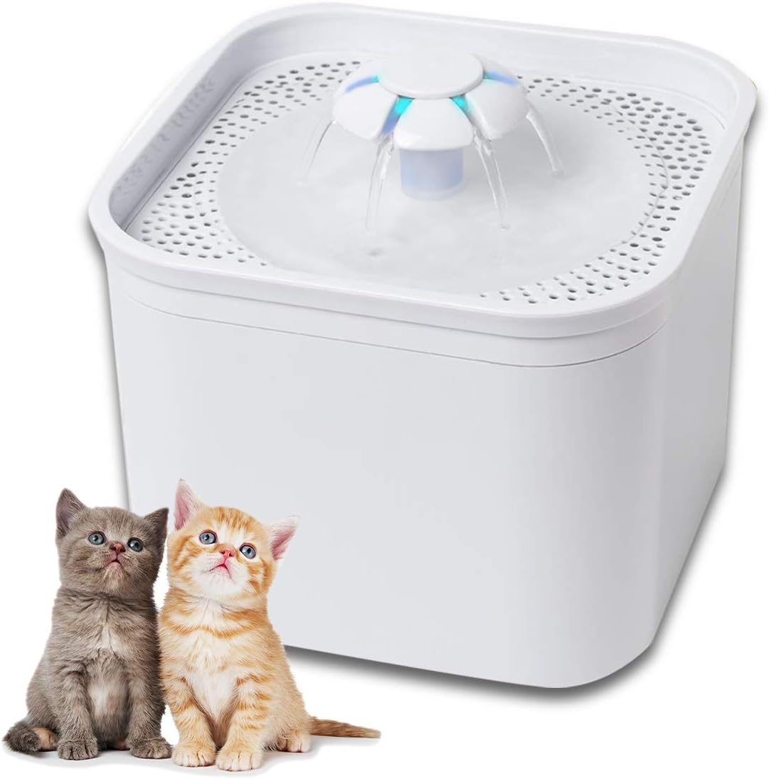Pet Fountain, 2.0L Automatic cat Drinking Fountain with Double Filters and LED Lighting Pump, Healthy Hygienic Water Fountain for Cats, Dogs and Multiple Pets, 3 Replacement Filters Included