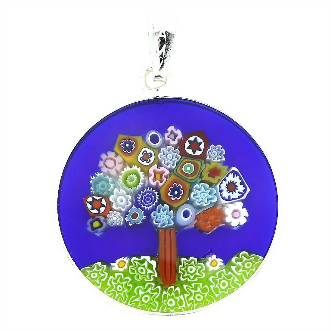 Glass Of Venice Murano Glass Millefiori Pendant Tree of Life in Silver Frame 1"