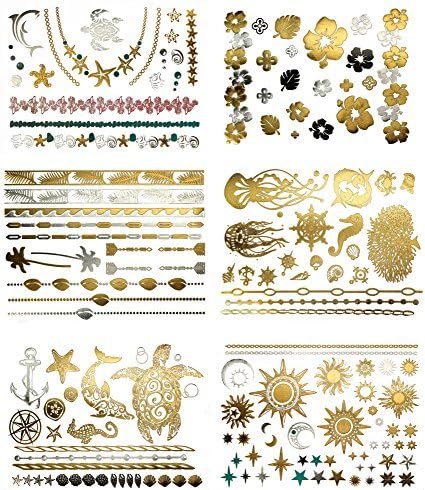 Tropical Hawaiian Temporary Metallic Tattoos - Over 75 Tattoos in Gold Silver (6 Sheets) Terra Tattoos Aja Collection