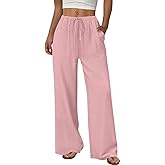 Women's Wide Leg Linen Pants Flowy Palazzo Drawstring Elastic Waist Summer Business Casual Beach Vacation Clothes
