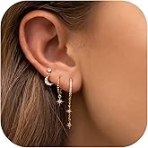 Umeher 3Pairs 14K Gold Stud Hoop Earrings Set for Women Butterfly Moon Star Flower Evil Eye CZ Dainty Huggie Hoop Cartilage Earrings Gift Box