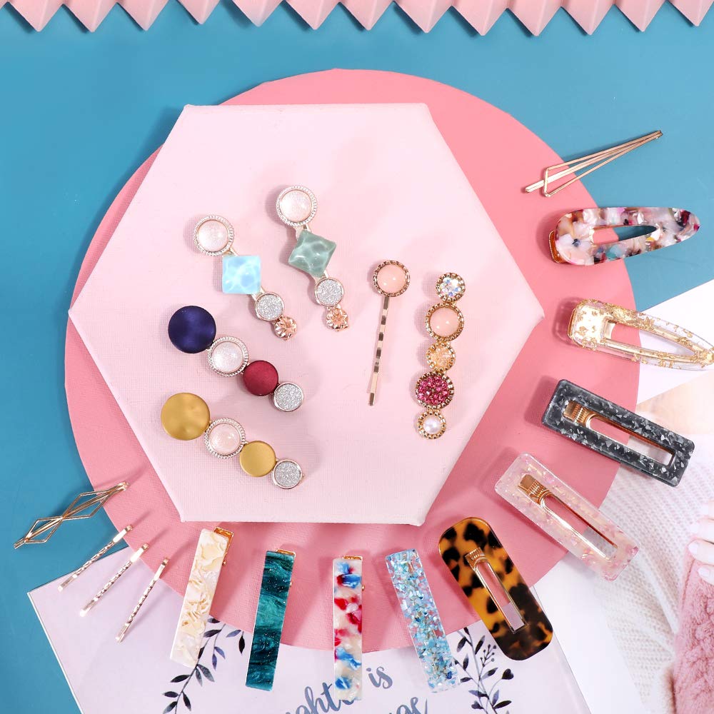 28 PCS Hingwah Pearls and Acrylic Resin Hair Clips, Handmade Hair Barrettes, Marble Alligator bobby pins, Glitter Crystal Geometric Hairpin, Elegant Gold Hair Accessories, Gifts for Women Girls : Beauty
