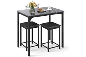 Giantex 3-Piece Dining Table Set for 2, Bar Table with Counter Height, Faux Marble Tabletop, Metal Frame, 330Lbs Bar Stools, Space Saving Dinette Set for Kitchen Pub Small Apartment Living Room
