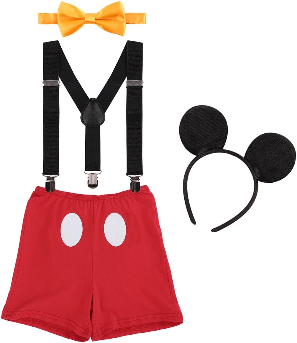 Baby Boy Mouse Cake Smash First Birthday Bloomers Suspenders Necktie Ear Headband Clothes Outfits Photography Props Costume