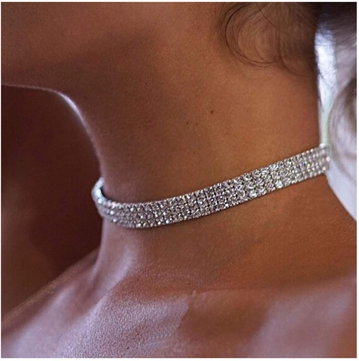 Zealmer Women 3 Row Clear Rhinestone Choker Necklace Silver Tone: Jewelry