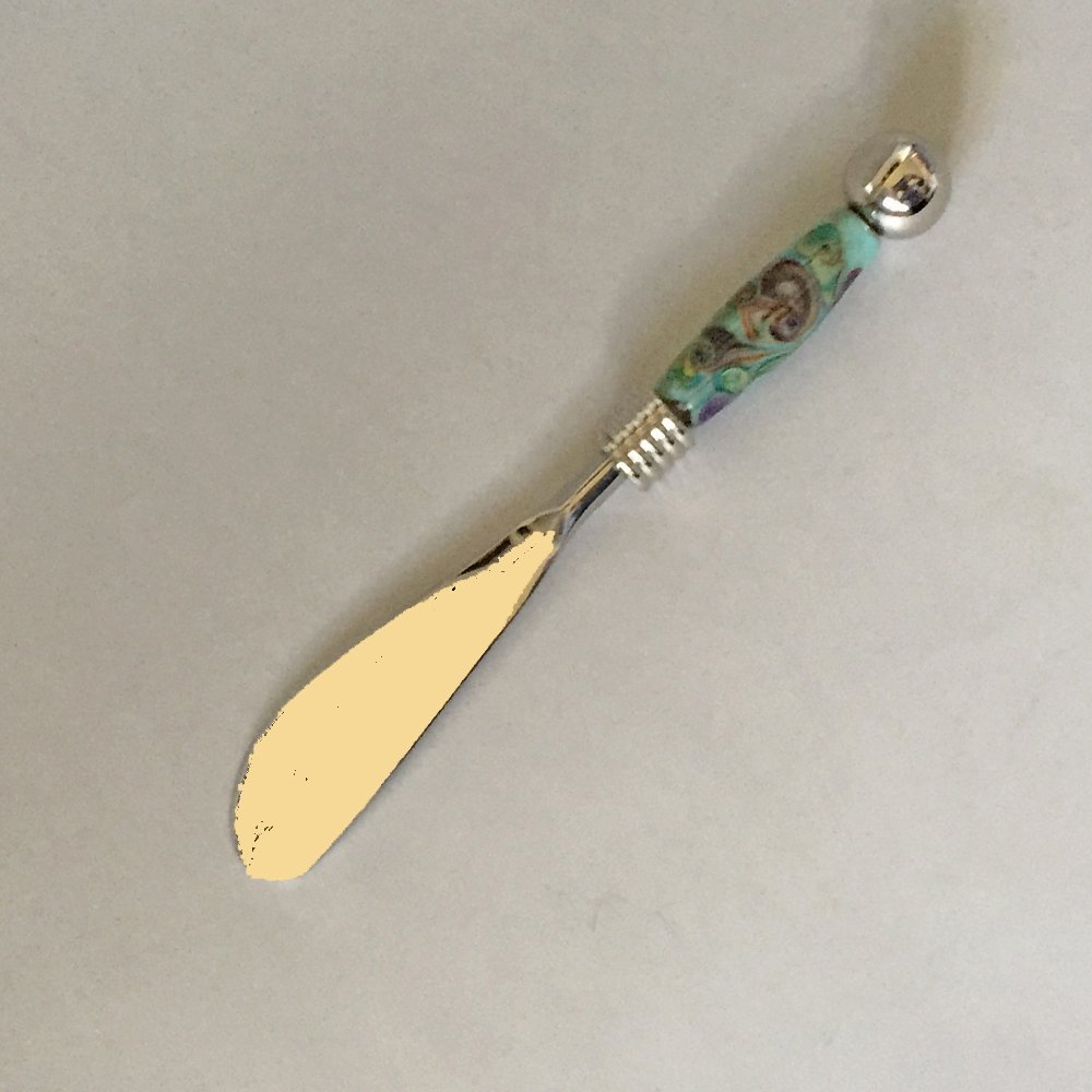 Appetizer Knife/Spreader with Handmade Aqua Glass Bead