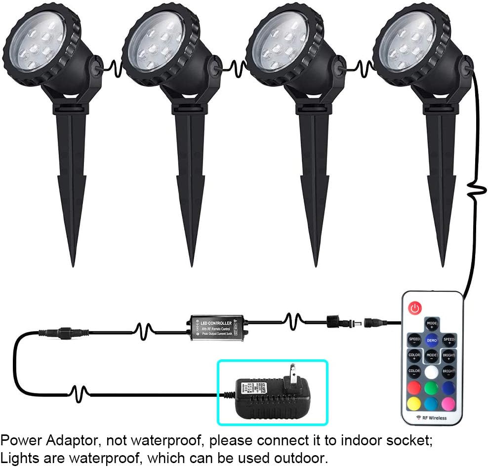 Color Changing LED Landscape Lights 12W Landscape Lighting IP66 Waterproof LED Garden Pathway Lights Walls Trees Outdoor Spotlights with Spike Stand, Outdoor Landscaping Lights, 4 Pack - - 