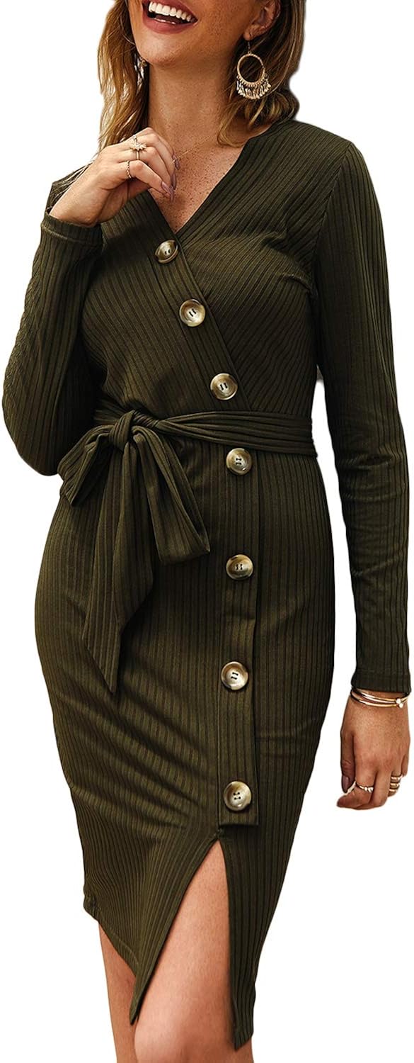 Women's Button Down Long Sleeve Ribbed Knit Bodycon Split Mini Sweater Dress VNeck Wrap Pencil