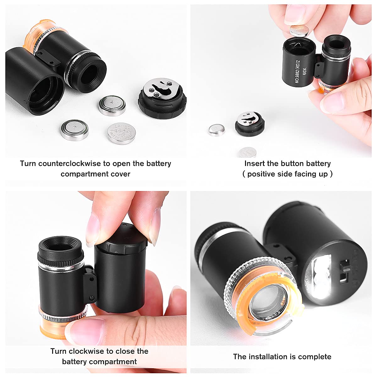 2 Pieces 60X Mini Pocket Microscope, Jewelers Eye Loupe with 3 Light, Portable Magnifying Glass for Handcrafts Jewelry Diamond Gem Coins Currency