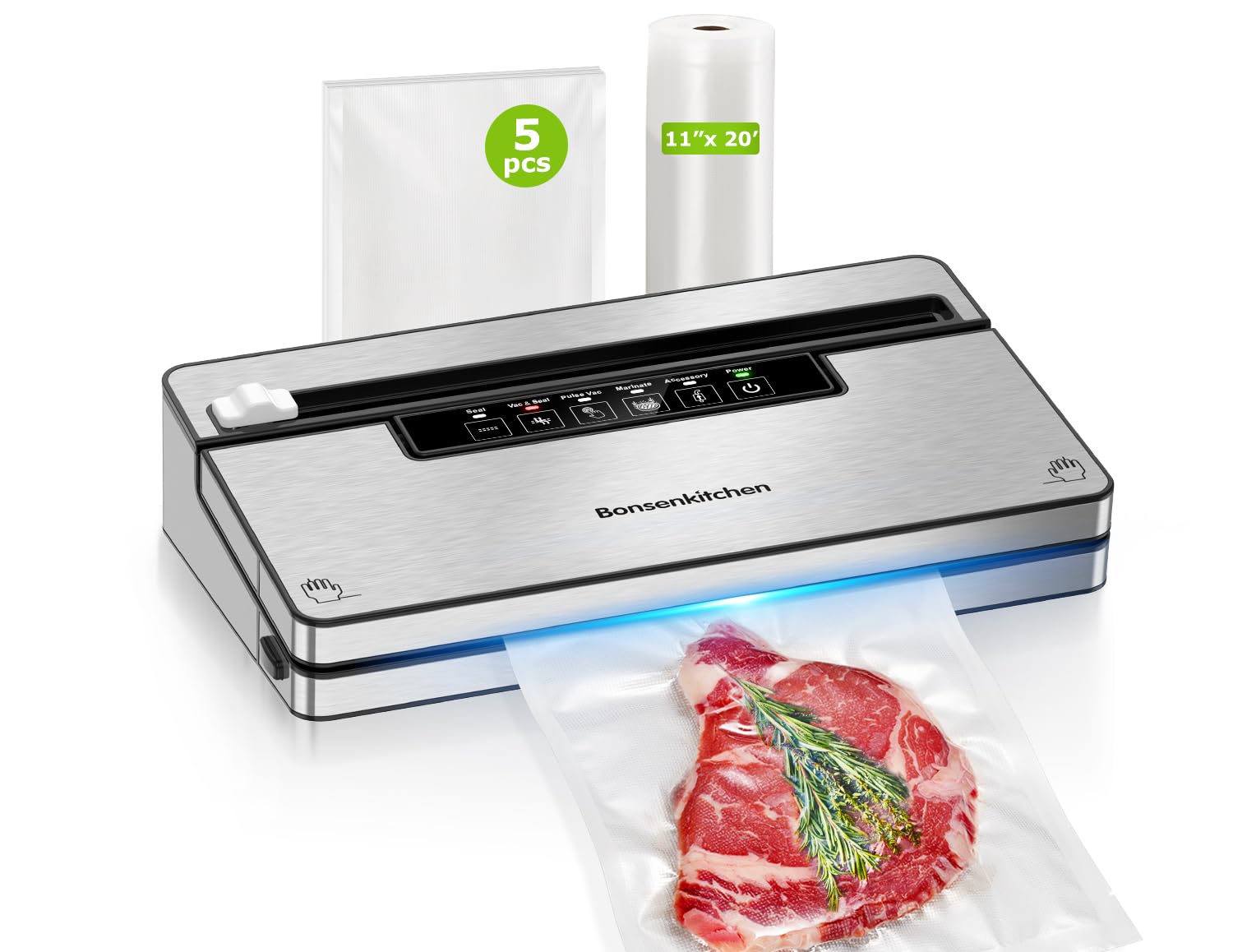 Photo 1 of Bonsenkitchen Vacuum Sealer Machine, Stainless Steel Food Sealer Vacuum Sealers with 1 Roll & 5 Bags, 5 Food Vacuum Modes, Built-in Cutter & Bag Storage (Silver Black)
