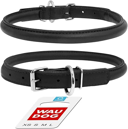 Rolled Round Leather Dog Choke Collar Round SOFT Padded FREE ID TAG BLACK