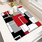 MCALK Geometric Red Dish Drying Mat for Kitchen Counter, Grey Dish Drying Pad with Anti-Slip Rubber Base, Absorbent Kitchen Sink Mat with Modern Art Decor (1 pc 18" x 16")