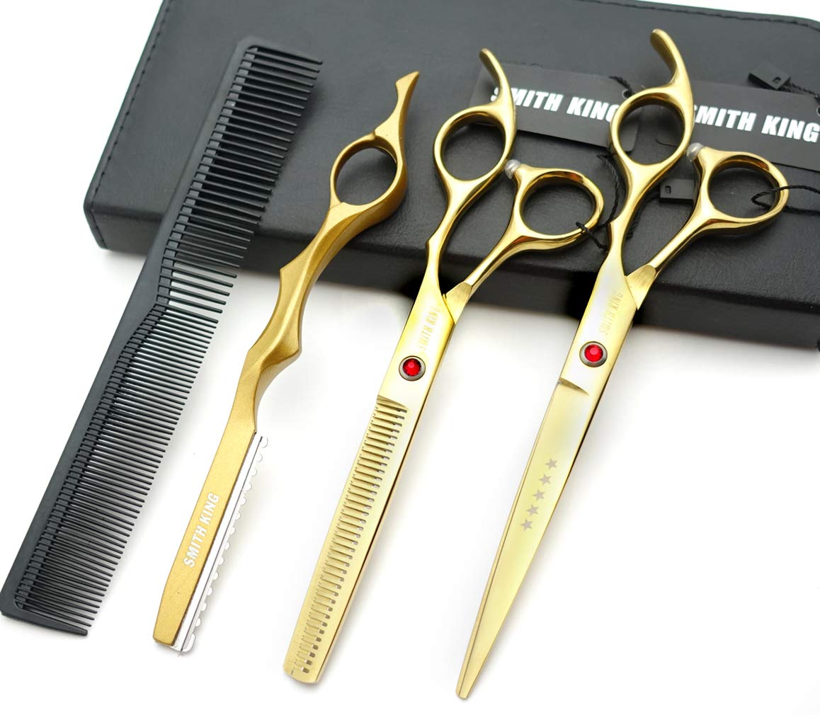 7.0 inch Hair Scissors Set Hair Cutting Scissors & thinning Scissors with Razor Combs in 1 Set (Gold)