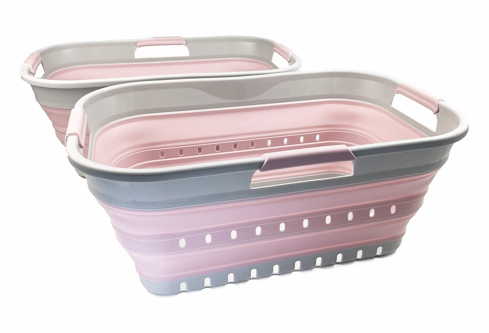 SAMMART 21L Super Mini Collapsible 3 Handled Plastic Basket - Foldable Pop Up Storage Container/Organizer - Space Saving Hamper/Basket (Grey/Pale Pink (Set of 2))