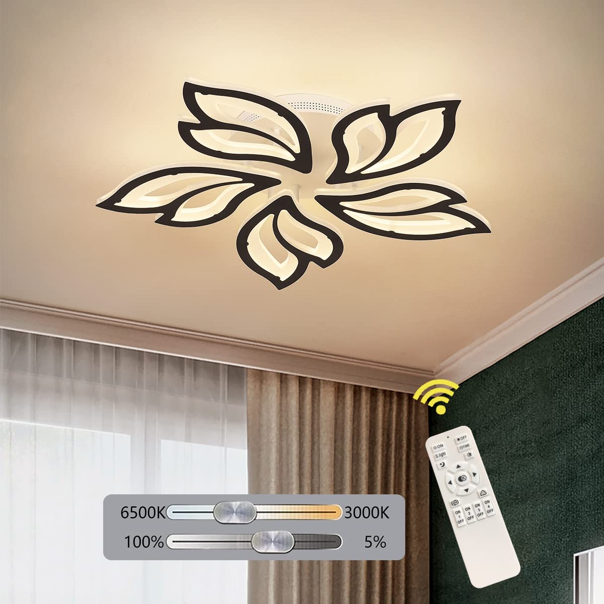 Photo 1 of Garwarm LED Ceiling Light Fixture, 60W Modern Leaves Ceiling Lamp Dimmable Black Flush Mount Ceiling Chandelier for Living Room Study Room Dining Room Bedroom