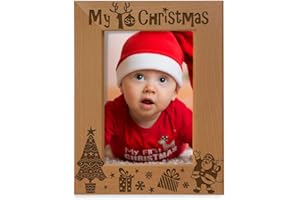 KATE POSH My 1st Christmas Picture Frame, My First, Baby's 1st Christmas, New Baby, Santa & Me Engraved Natural Wood Photo Frame (4x6-Vertical - Classic)