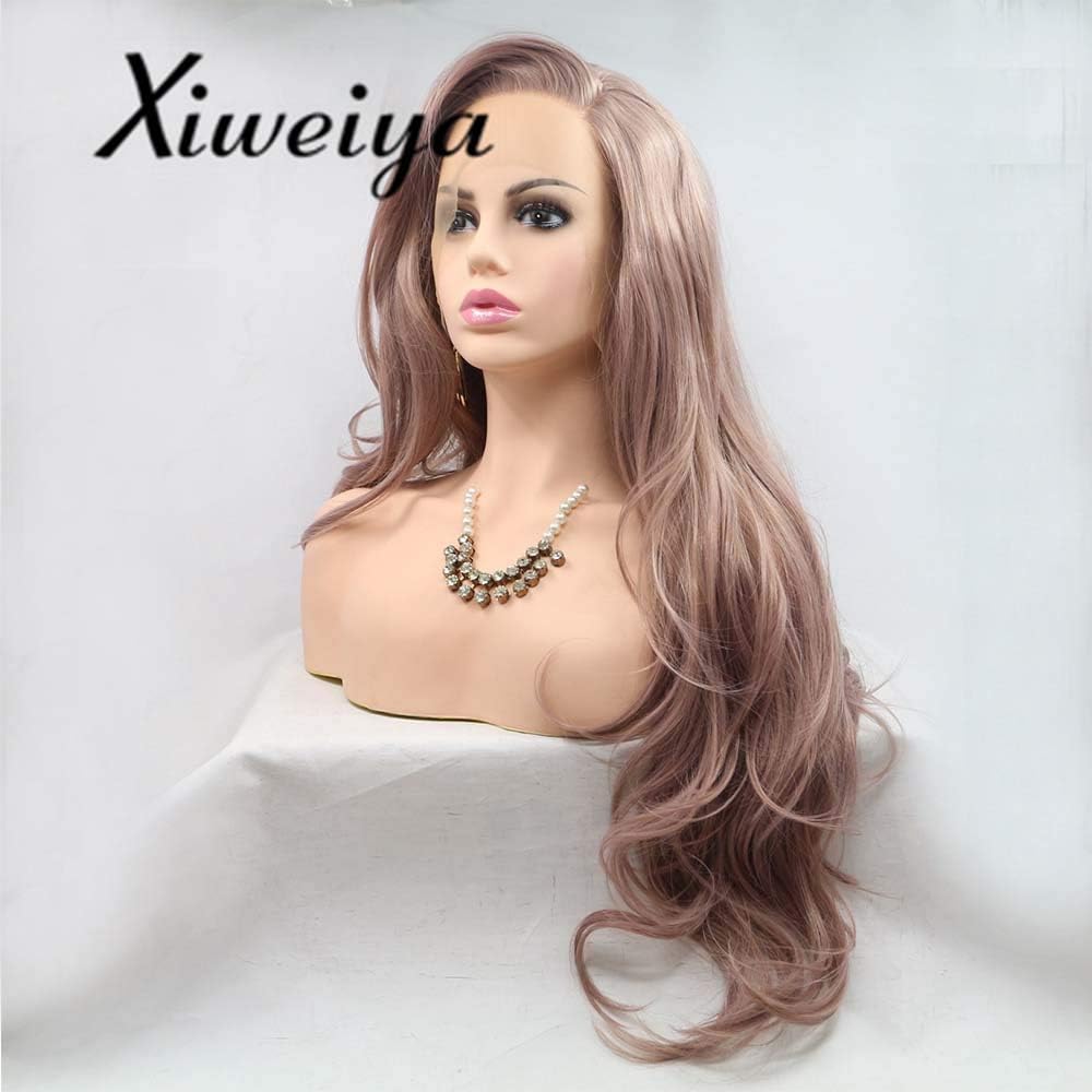 Xiweiya Long Wavy Wig - Light Pink Synthetic Lace Front Wig, Heat Resistant, 24" - Image 4