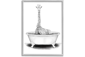 Stupell Industries Giraffe In A Tub Funny Animal Bathroom Drawing
