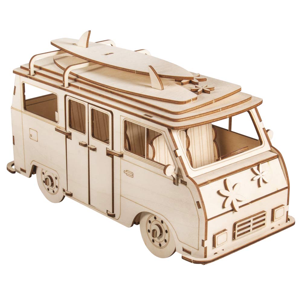 Rayher Wooden Campervan Building Kit, DIY Construction Kit with Interlocking Parts, 79 slot-together Pieces, natural wood, 30x13x17cm, 62879505