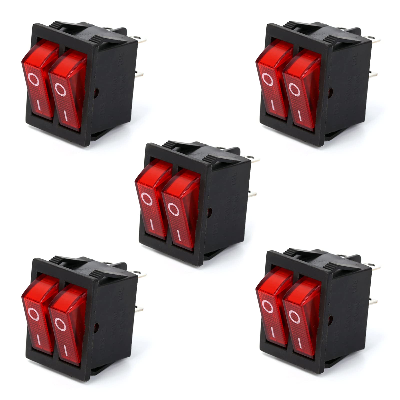Ruimou 5Pcs AC 16A/250V 20A/125V Double Button Boat Rocker Switches, DPST 4Pin 2 Position with Red Light Rocker Switch