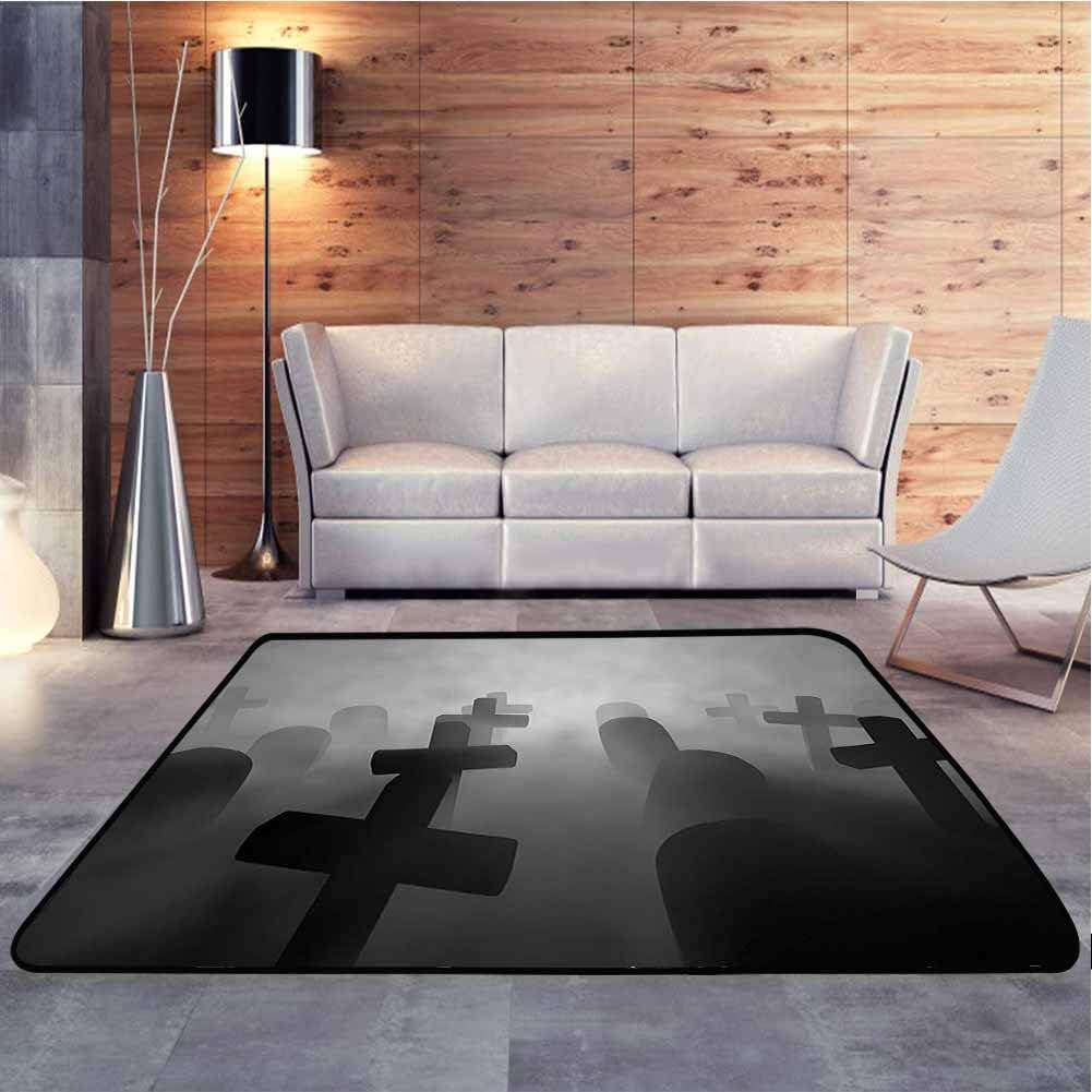 Anti-Skid Area Rug Render of a Graveyard Tombstone Funeral at Night Spooky Ghostly Picture Contemporary Painting Art Rug for Baby Nursery Decor, 6.5 x 10 Feet