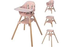 BABY JOY Baby High Chair, 6 in 1 Convertible Wooden High Chair for Babies & Toddlers with Adjustable Legs, Double Removable Tray, Safety Harness & Waterproof PU Cushion (Pink)