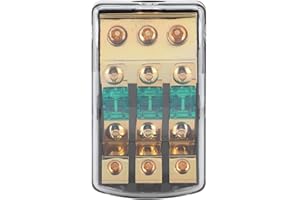 Aramox Mini ANL Fuse Distribution Block, Gold Copper and ABS, 0/2/4 Gauge Input to 4/8/10 Gauge Output, 60A 3-Way for Auto