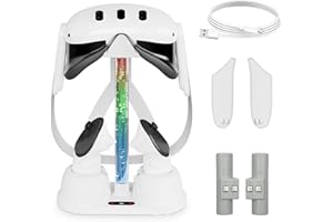 XIONZIJA Charging Dock Station for Oculus/Meta Quest 3 - RGB-Lit VR Glasses Storage Stand and Non-Slip Controller Stand for Effortless Organization and Charging Compatibility