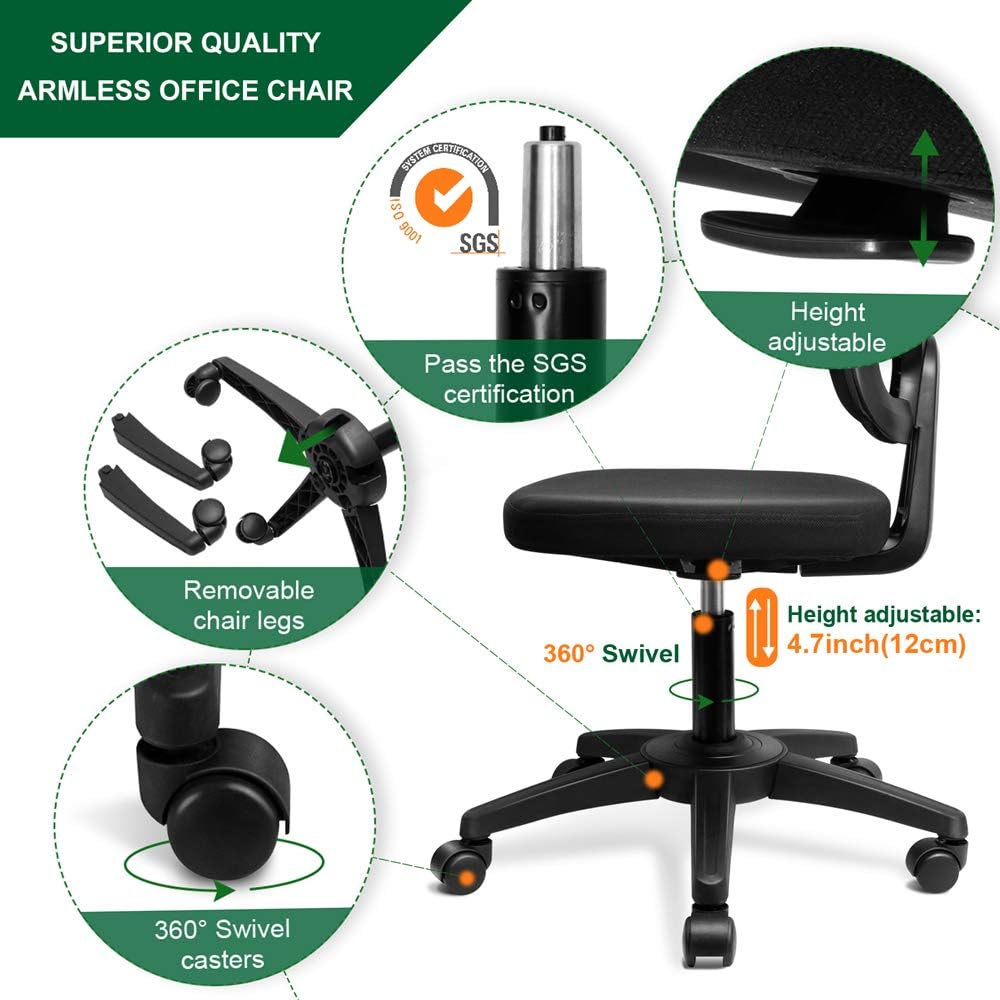 KOLLIEE Armless Mesh Office Chair Ergonomic Comfortable Armless Desk Chair Small Black Adjustable Computer Chair No Armrest Mid Back Swivel Task Chair for Small Spaces: Kitchen & Dining