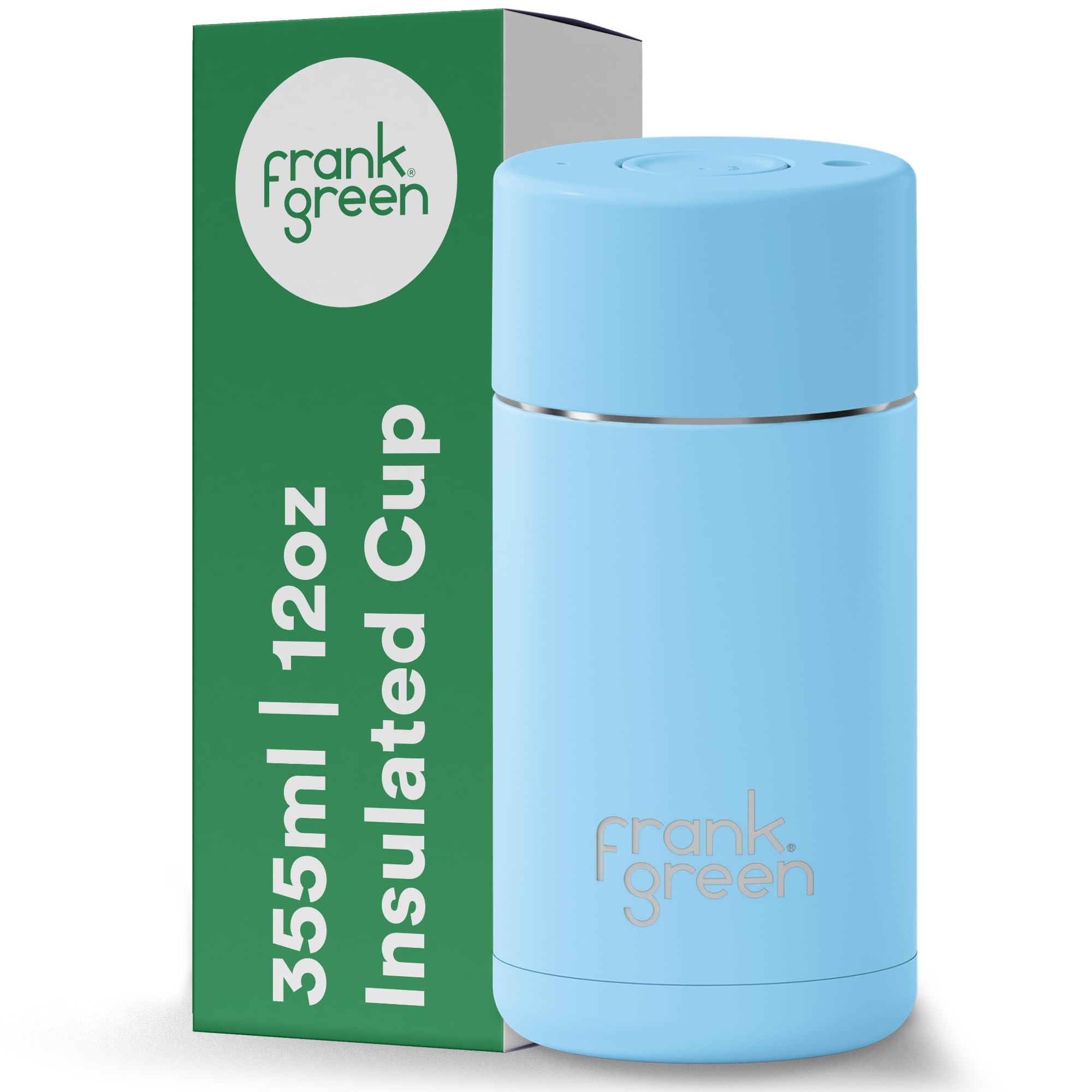 frank green Insulated Travel Mug for Cold Or Hot Drinks - 355ml/12oz Reusable Coffee Cup with Push-Button Lid, Ceramic Lined, Triple Wall Vacuum - Sky Blue