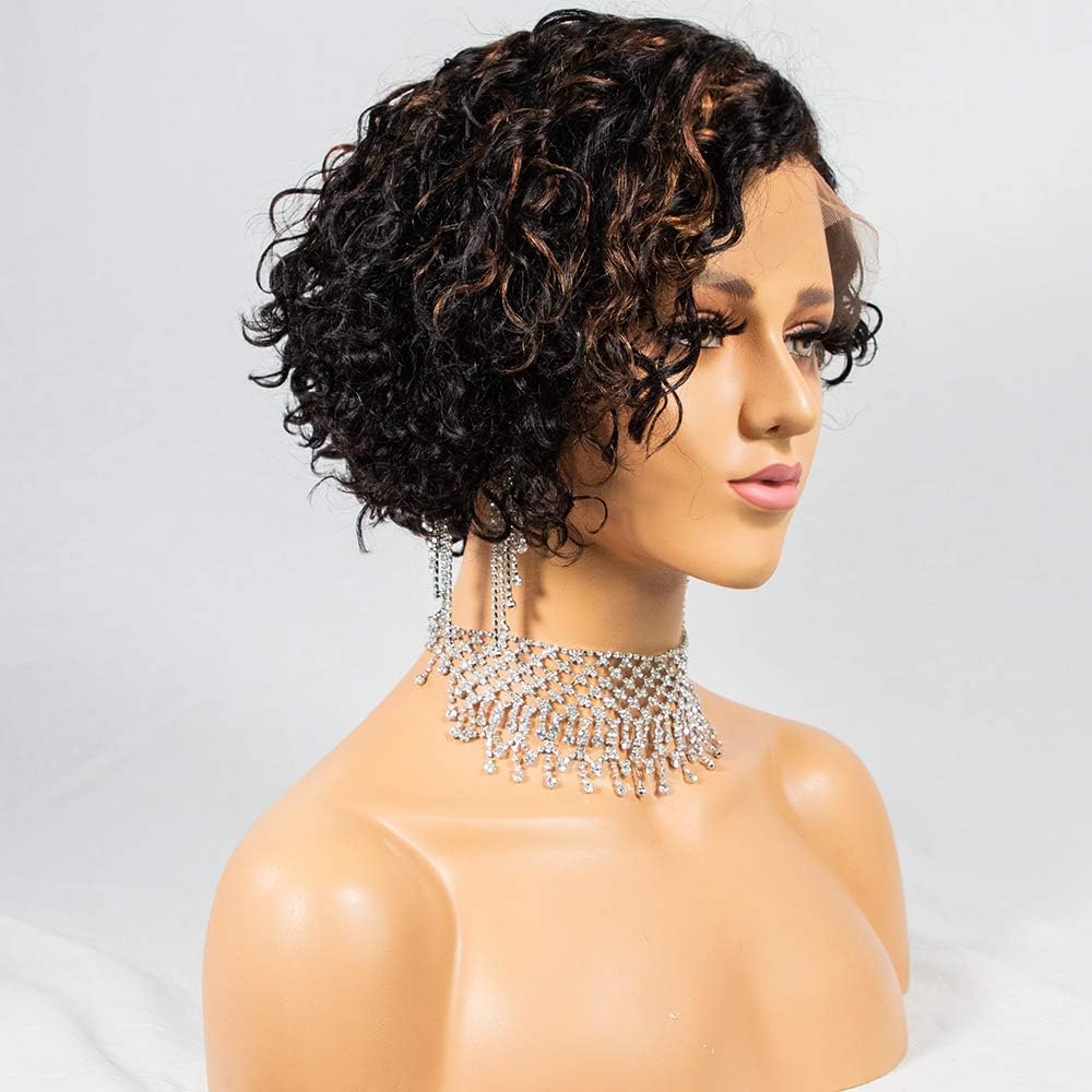 Short Bob Pixie Ombre Curly Human Hair Lace Front Wigs Highlight 1B 30 Color Honey Blond 13x4 Lace Frontal Human Hair Wigs Mixed Color Two Tone Pre Plucked Density 150% (10inch)