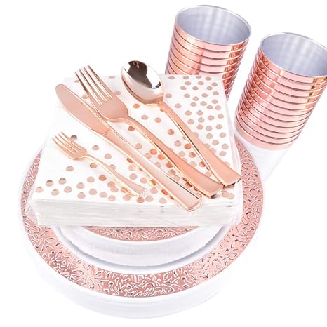 225 Piece Rose Gold Plastic Plates With Silverware Dispose Rose Gold Cups Include 25 Dinner Plates 25 Salad Plates 25 Forks 25 Knives 25 Spoons