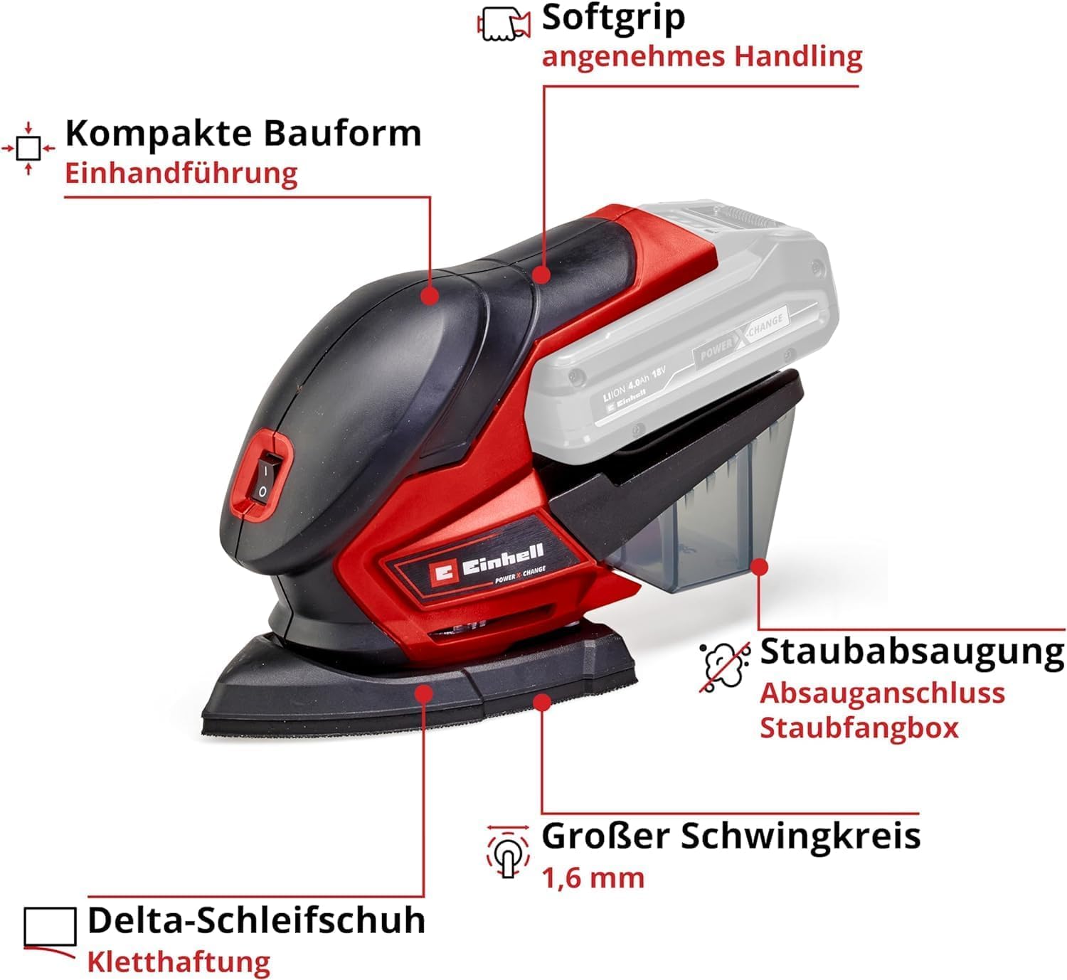 Einhell Akku-Multischleifer TE-OS 18/150 Li-Solo Power X-Change (18 V, Li-Ion, 24 000 min-1, 1.6 mm Schwingkreis, Staubfangbox, Staubabsaugadapter, ohne Akku und Ladegerät) 4