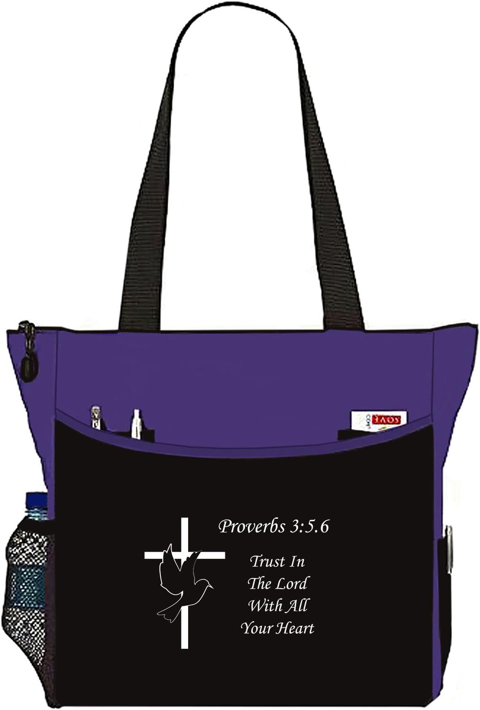 Proverbs 3:5.6 Trust In The Lord With All Your Heart Tote Bag Christian Bible Cover Verse Church Office School Travel Gym Book Organizer - Purple & Black