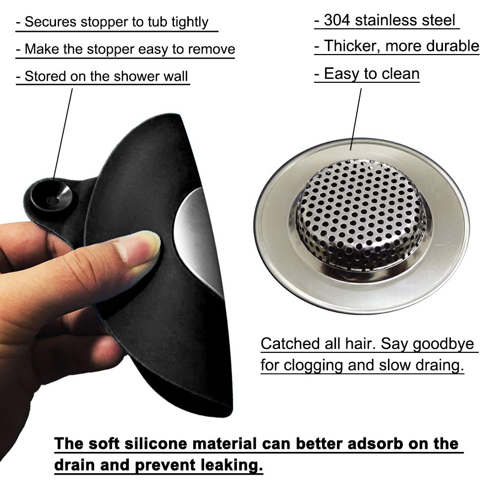 Seatery 2PCS Bathtub Stopper Hair Catcher Kit, Bathtub Drain Strainer, Tub Stopper Plug Cover, Sink Filter, Silicone Drain Stopper for Bathroom, Laundry (Black)