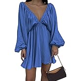 LOFAAC Women Sexy Deep V Neck Puff Long Sleeve Mini Dress Backless High Waist Ruffle Short Dress Party Club Fall Dress
