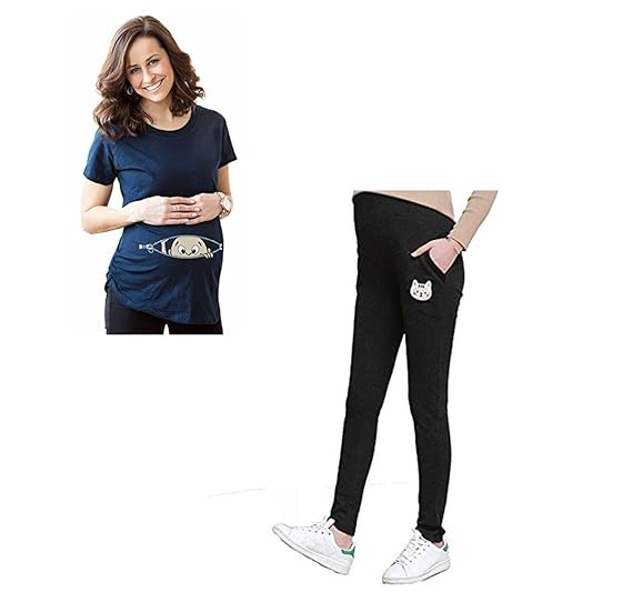 Bold N Elegant Combo of Blue Half Sleeve Cute Sneak Peek Child Printed Pregnancy Maternity T-Shirt and Black Maternitywear Pregnancy Belly Leggings with Adjustable Elastic Waist