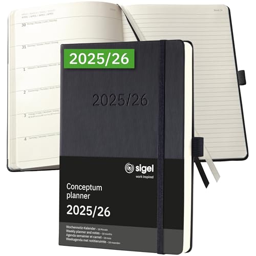SIGEL C2603 Weekly planner and notes Conceptum 2025/2026-18 months - approx. A5 - black - 2 pages = week on left/notes on right - hardcover - 80 gsm - 256 p. - PEFC-certified