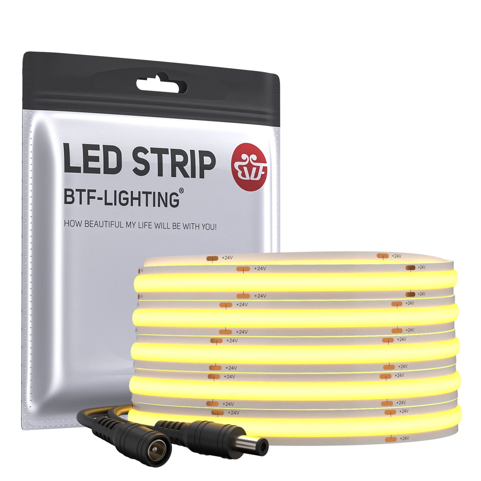 BTF-LIGHTING COB LED Strip Light 5M 528LEDs/m FCOB Dimmable Light Uniformity Flexible High Density Natural White 24V 10mm Width LED Tape for Bedroom Kitchen Home Interior Decoration(Only LED Strip)