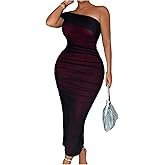 Floerns Women's Plus Size Mesh Bodycon Asymmetrical Neck Sleeveless Party Club Ruched Maxi Dress