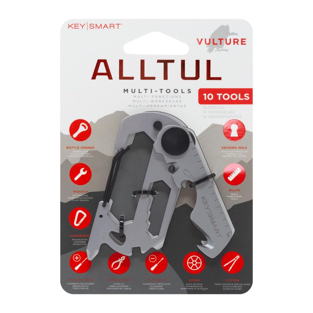 KeySmart AllTul Vulture - 10-in-1 Keychain Multitool with Bottle Opener, Wrench, Carabiner, Philips Head, Wire Cutter, Flat Head, Spoke, Cutter, Ruler and Keyring Hole, Tool for Camping, Fishing