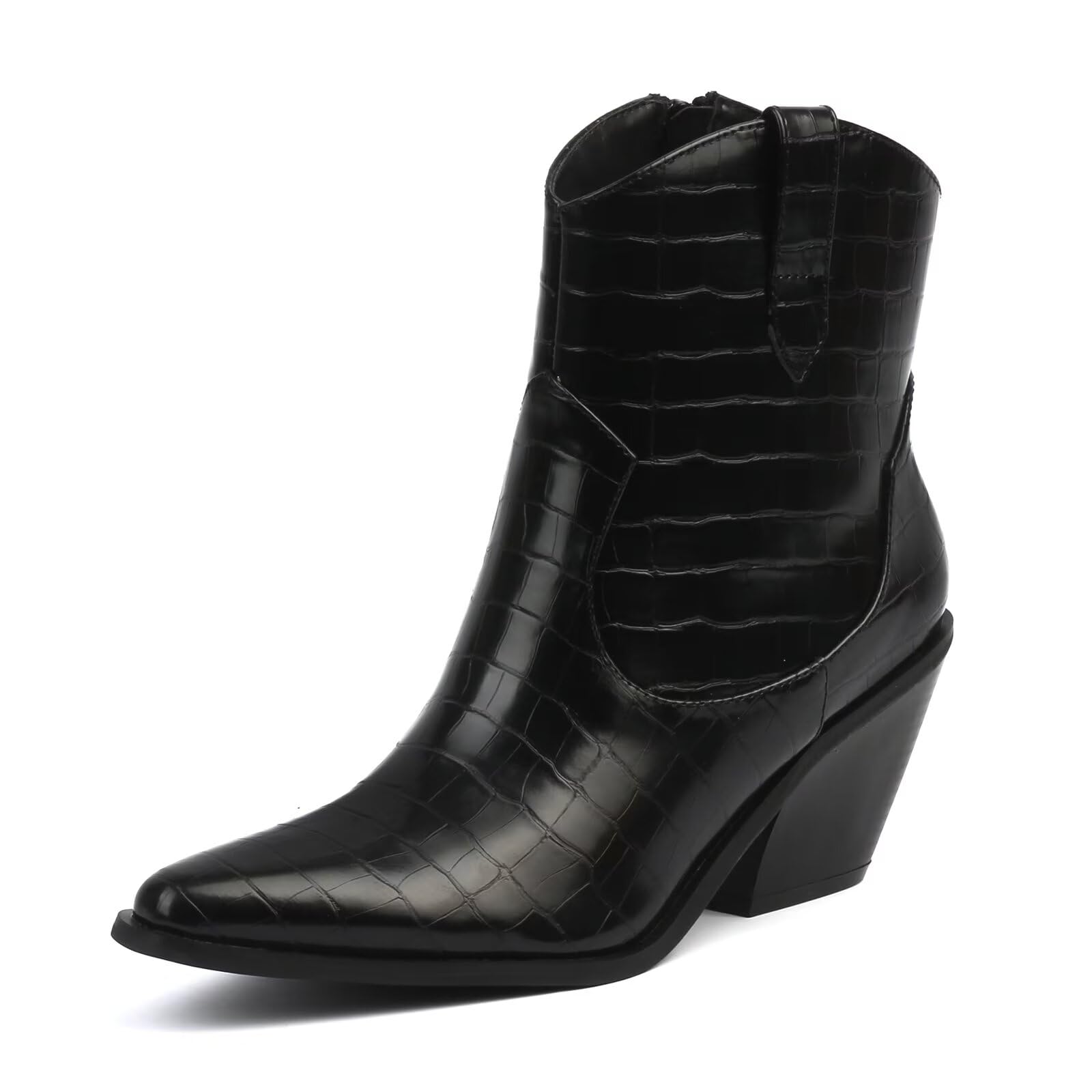 MUSSHOE Womens Pointed Toe Stacked Mid Heel Ankle Boots Chunky Block