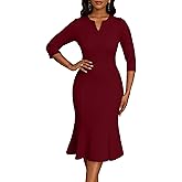 Nmoder Womens Wedding Guest Dress|Cocktail Mermaid Bodycon Church Fishtail Midi Dresses 3/4 Sleeve V-Neck