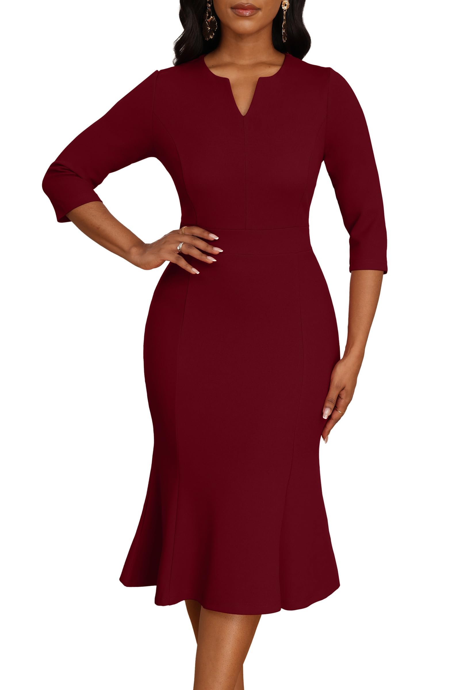 Photo 1 of **RUNS SMALL** Nmoder Womens Wedding Guest Dress|Cocktail Party Mermaid Bodycon Church Fishtail Midi Dresses 3/4 Sleeve V-Neck Red 2XL