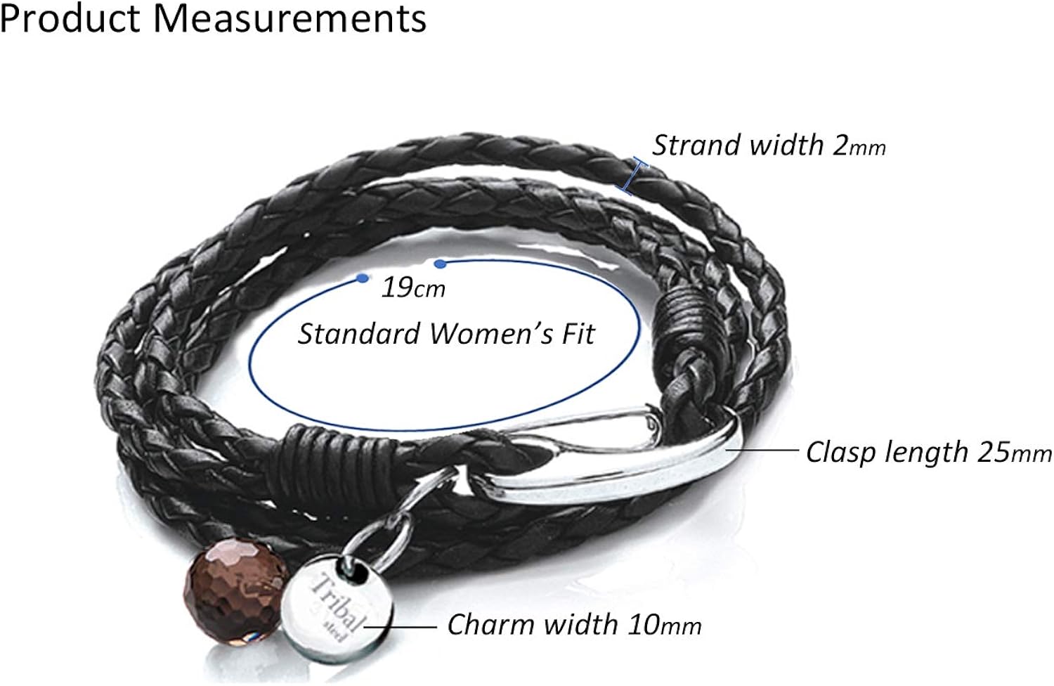 Tribal Steel Black Leather Bracelet for Women - Ladies 19cm Leather Charm Bracelet with a Crystal Charm, Stainless Steel Clasp - Image 4