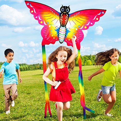 Aitey Easy Fly Kites, Rainbow Butterfly Kites for Kids and Adult, One of the Best Outdoor Games and Activities, with 165" of Line and Handle - Great Beginner, Amateur Kite (Red) - Thumbnail 3