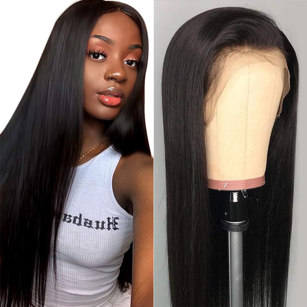 Ucrown Hair 13x4 Lace Front Wigs Brazilian Straight Human Hair Wigs For Black Women 150% Density Pre Plucked with Baby Hair Natural Black(Lace front wig-24)