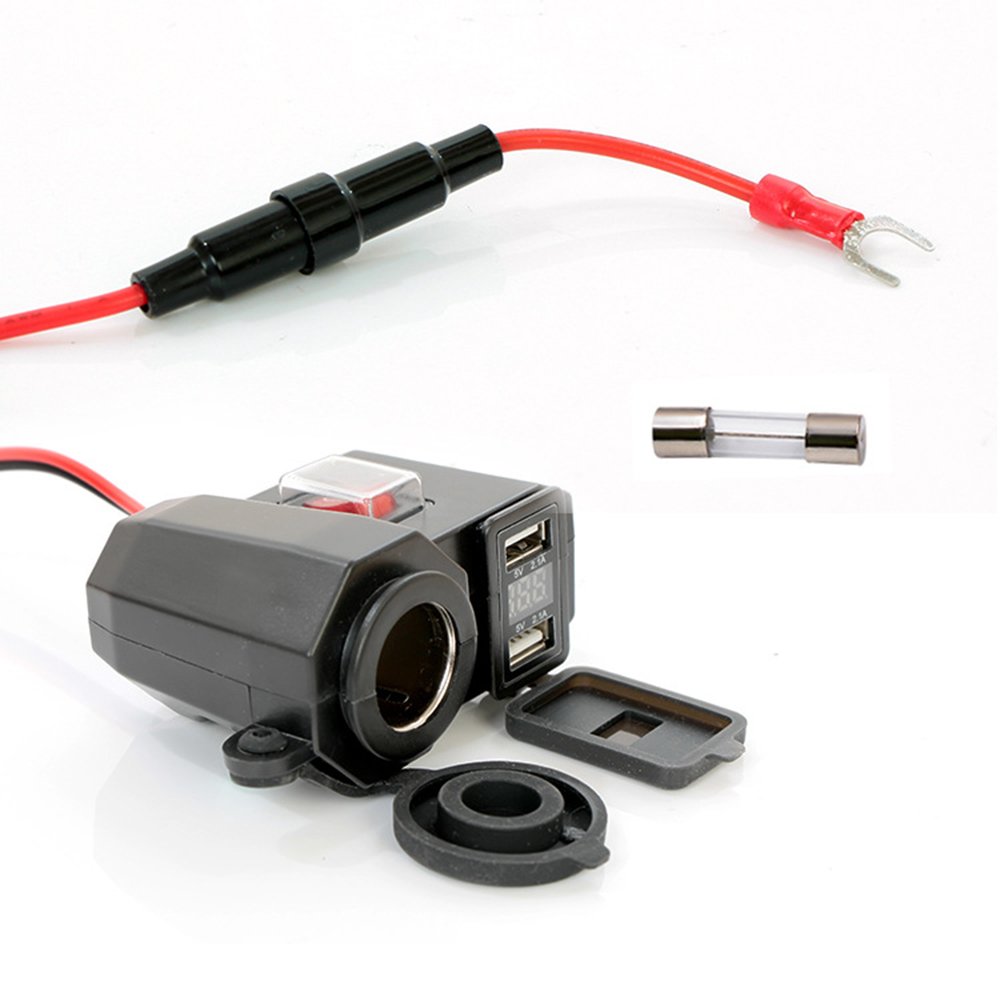 Motorcycle USB Charger 5V/2.1A Waterproof Dual Output USB Jack 12V DC Motorcycle Socket Charger Adaptor + Motorcycle Cigarette Lighter Integrated Switch +140cm Wire for Smartphone Navigator Black